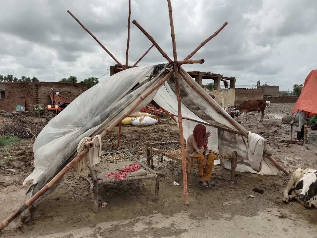 Woman under tent in flood ravaged Pakistan